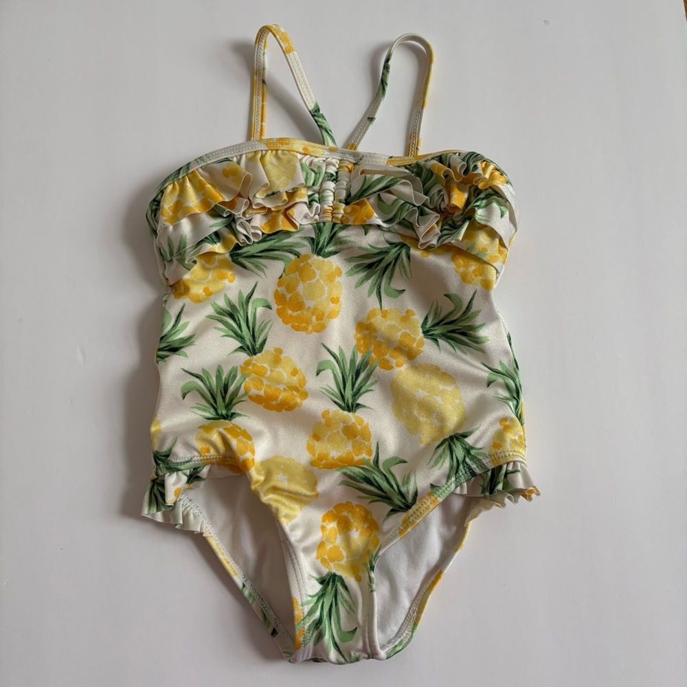 Janie And Jack Pineapple Ruffle Swimsuit White Yellow One piece 3 UPF50 Preppy